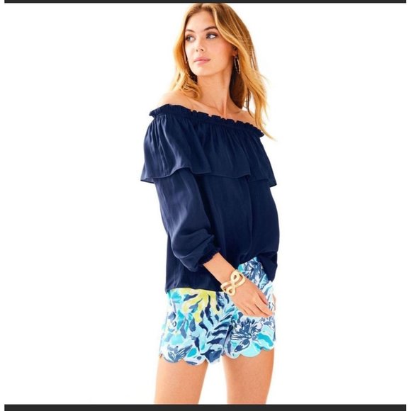 Lilly Pulitzer Tops - Lilly Pulitzer Dee Off The Shoulder Blouse True Navy Artist Blouse Size Large